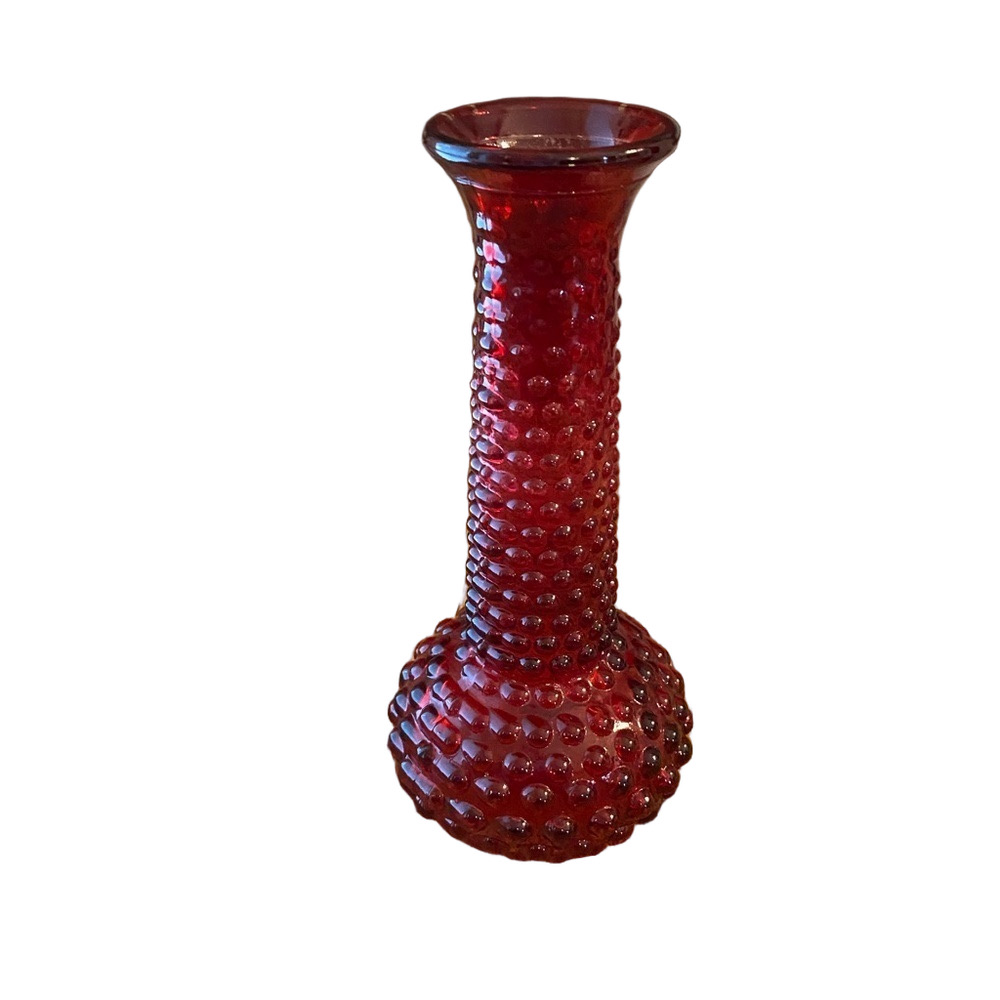 Vintage E.O. Brody Hobnail round bottom 8" Bud Vase long neck ruby red made USA
